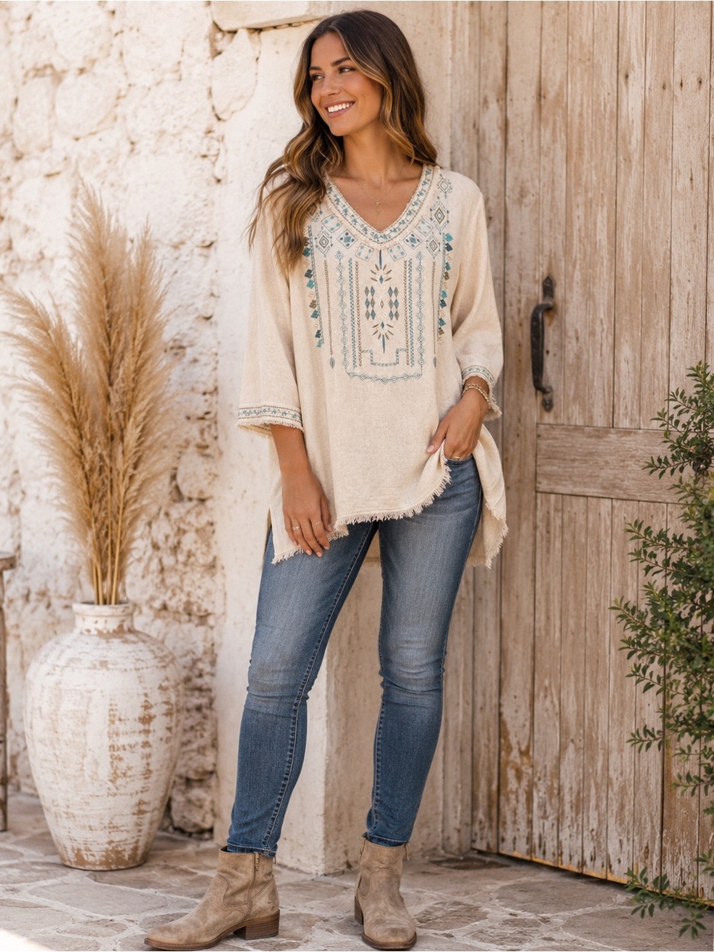 Multiples Cream V-Neck Tunic with Teal Embroidery